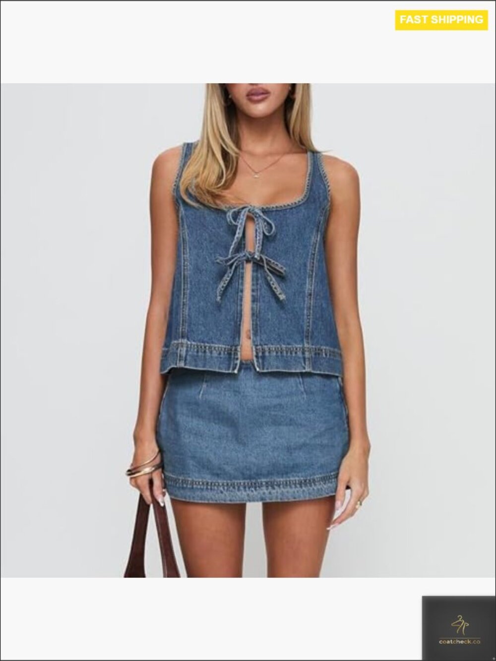 Denim 2 Piece Set Tie Front Vest and Mini Skirt Trendy Summer Going Out Outfit - Picture 2 of 7